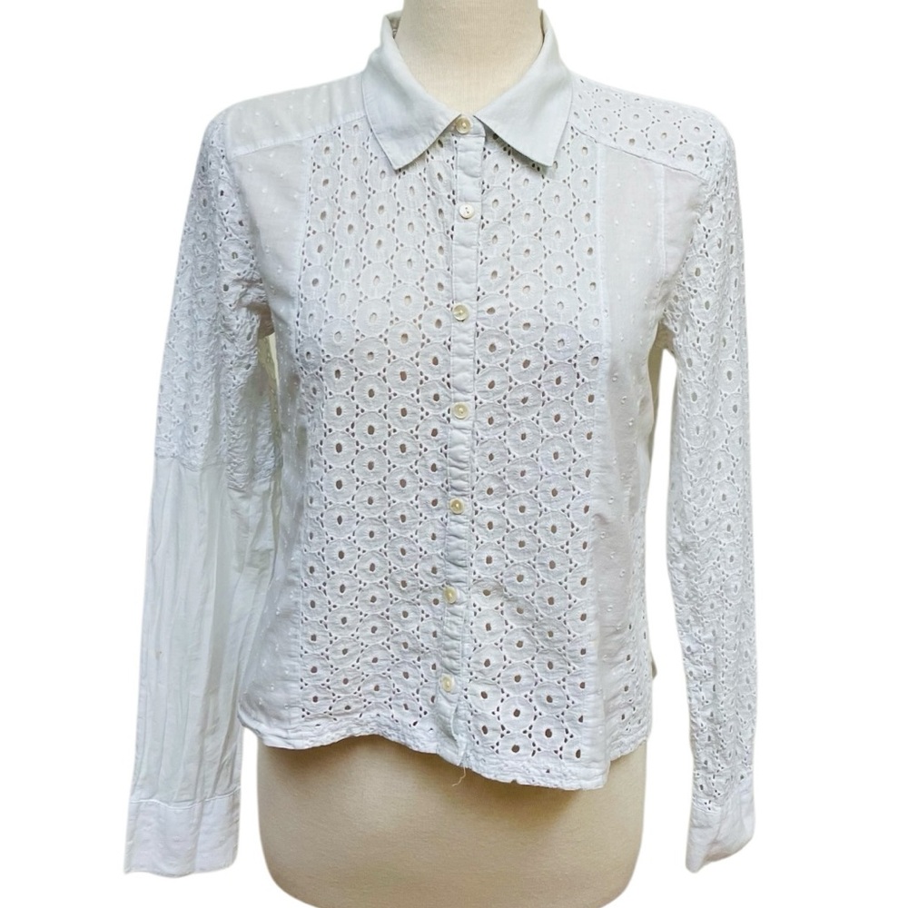 Sundance White Eyelet Button-Up Blouse Collared 100% Cotton Women's Medium